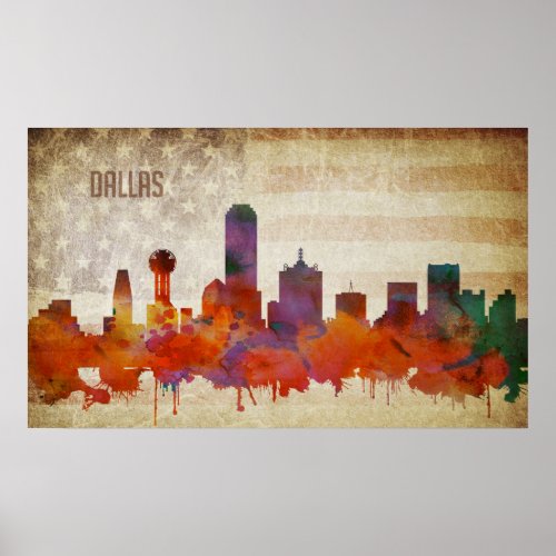 Dallas TX  Watercolor City Skyline Poster