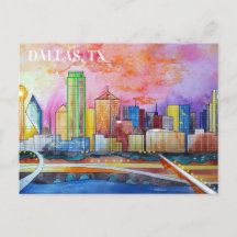 Dallas, Tx Watercolor Postcard