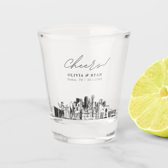 Dallas Wedding Favor Personalized Cheers Shot Glass (Front)