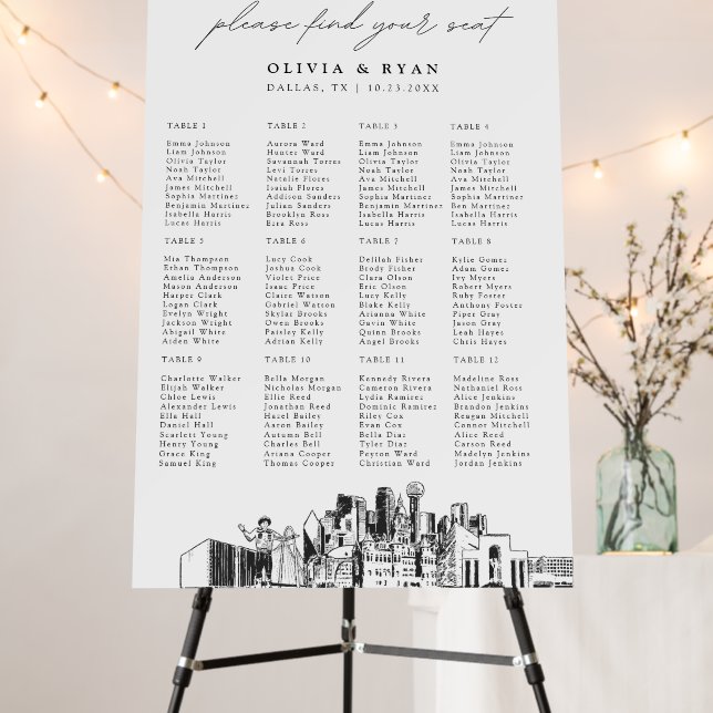 Dallas Wedding Seating Chart 12 Tables 24x36 Foam Board (In Situ (Stand))