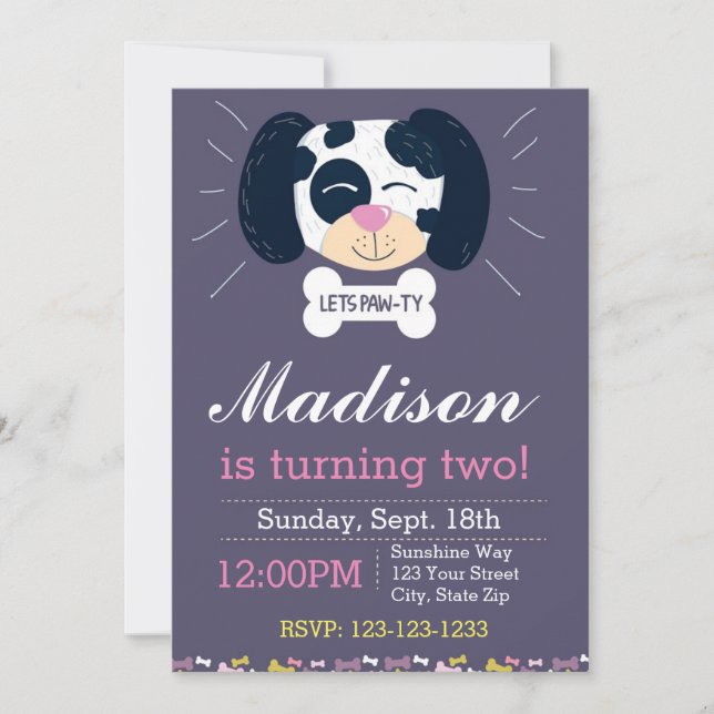 Dalmatian Birthday Invitation (purple) (Front)
