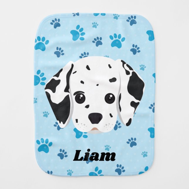 Dalmatian Blue Paw Print Personalized  Baby Burp Cloth (Front)