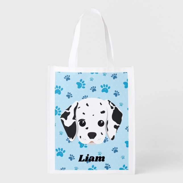 Dalmatian Blue Paw Print Personalized   Grocery Bag (Front)