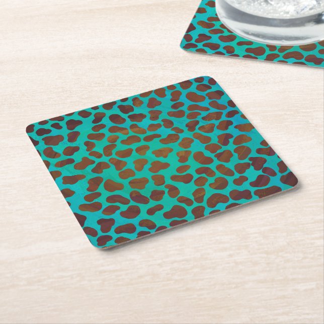 Dalmatian Brown and Teal Print Square Paper Coaster (Angled)