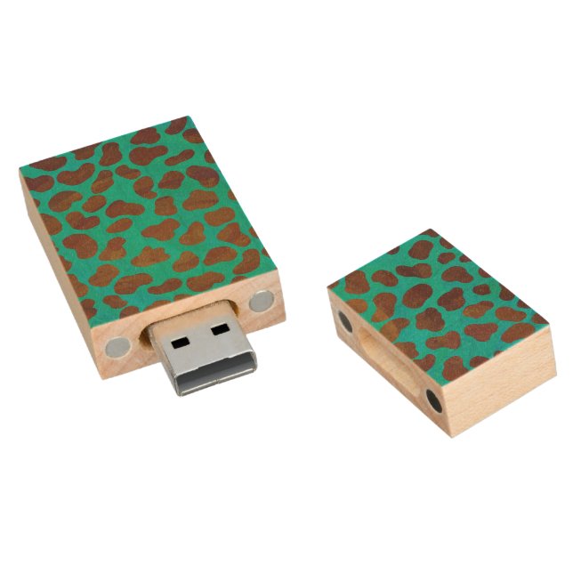 Dalmatian Brown and Teal Print Wood Flash Drive (Angled)