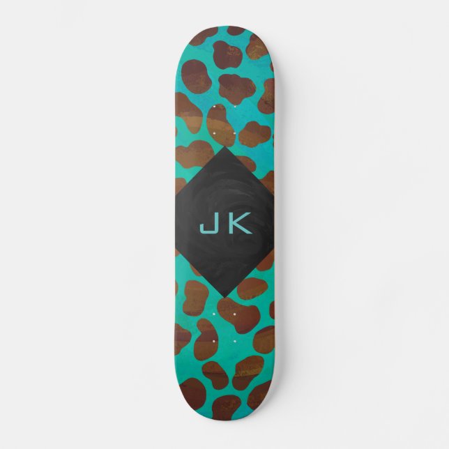 Dalmatian Brown and Teal with Monogram Skateboard Deck (Front)