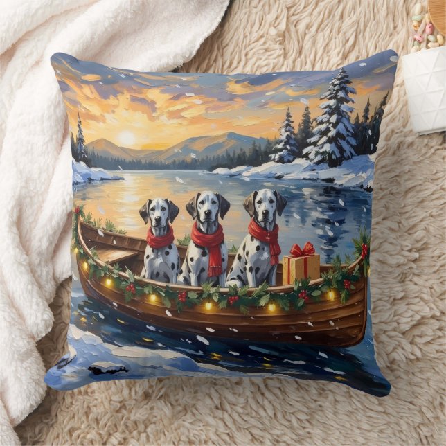 Dalmatian Christmas Boat Holiday Throw Pillow (Blanket)
