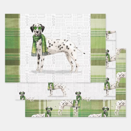 Dalmatian Christmas Dog and Plaid Wrapping Paper Sheets