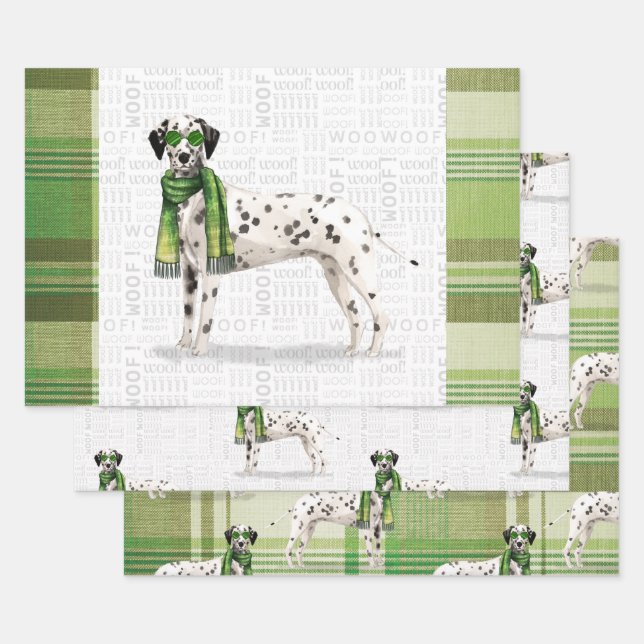 Dalmatian Christmas Dog and Plaid Wrapping Paper Sheets (Set)