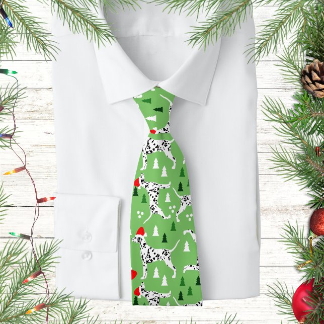 Dalmatian Christmas Holiday Green Santa Hat Dogs Neck Tie (Dalmatian Christmas Neck Tie)