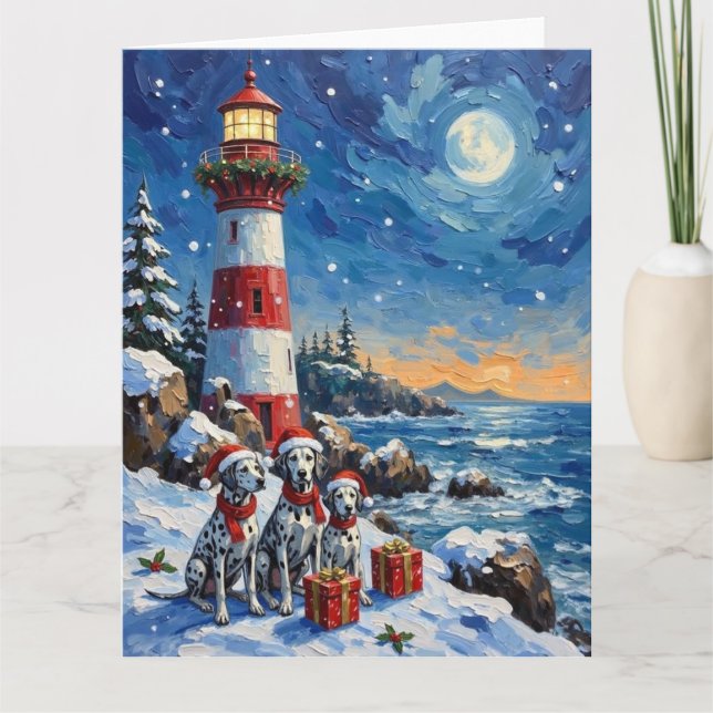 Dalmatian Christmas Lighthouse Holiday Card (Front)