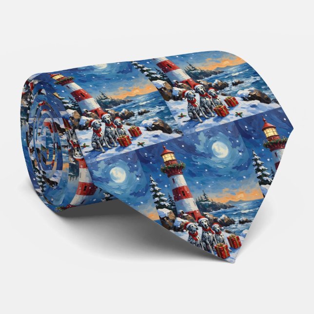 Dalmatian Christmas Lighthouse Holiday Neck Tie (Rolled)