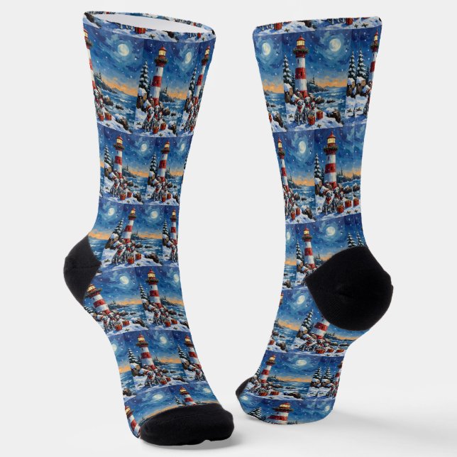Dalmatian Christmas Lighthouse Holiday Socks (Angled)