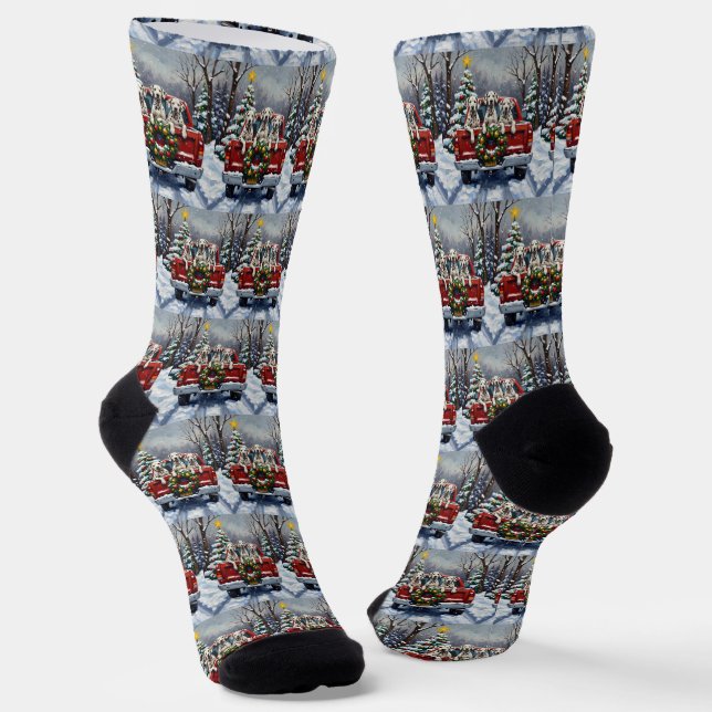 Dalmatian Christmas Red Truck Holiday Socks (Angled)