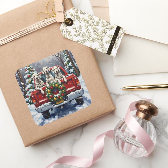 Dalmatian Christmas Red Truck Holiday Square Sticker (Gifting)