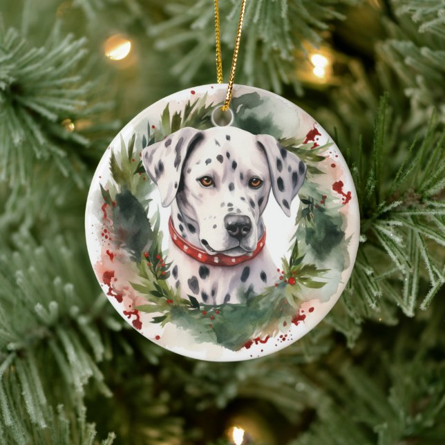 Dalmatian Christmas Wreath Festive Pup  Ceramic Ornament (Tree)
