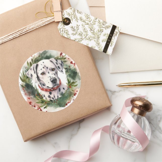 Dalmatian Christmas Wreath Festive Pup  Classic Round Sticker (Gifting)
