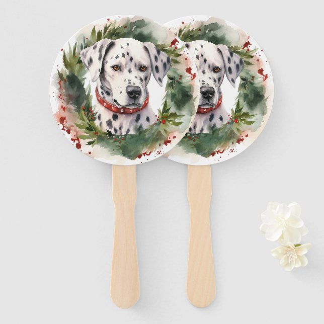 Dalmatian Christmas Wreath Festive Pup  Hand Fan (Front and Back)