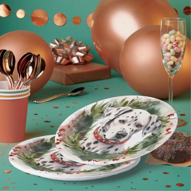 Dalmatian Christmas Wreath Festive Pup  Paper Plates (Multi)