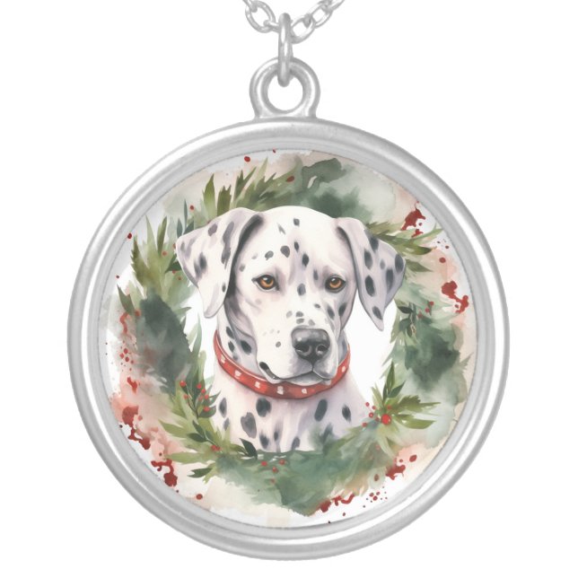 Dalmatian Christmas Wreath Festive Pup  Silver Plated Necklace (Front)