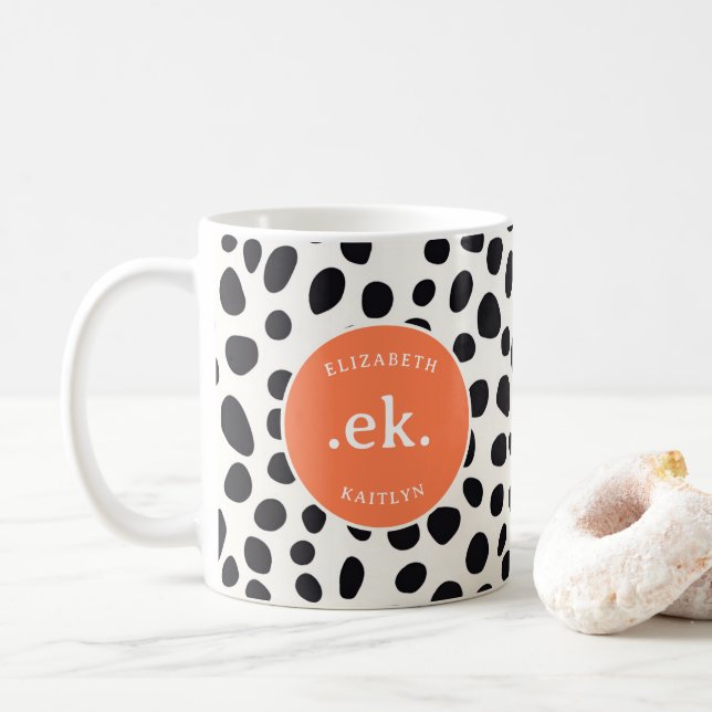  Dalmatian Dog Abstract Pattern Coral Monogram Coffee Mug (With Donut)