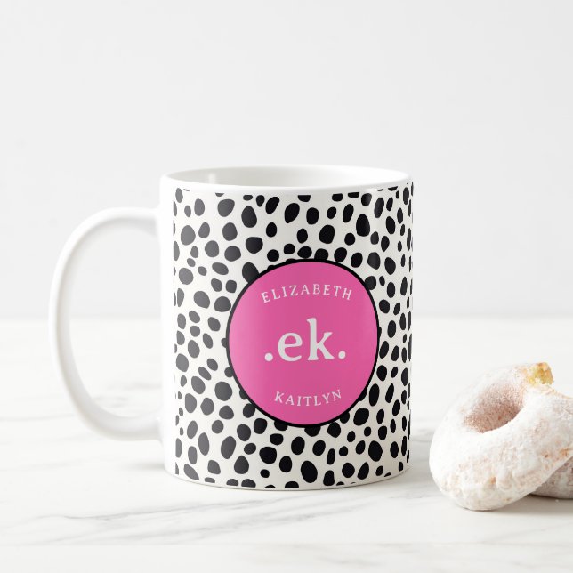  Dalmatian Dog Abstract Pattern Hot Pink Monogram Coffee Mug (With Donut)