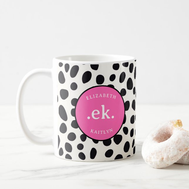  Dalmatian Dog Abstract Pattern Hot Pink Monogram Coffee Mug (With Donut)