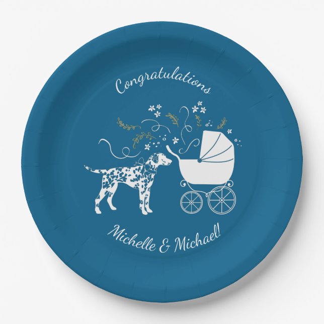Dalmatian Dog Baby Shower Puppy Blue Boy Paper Plates (Front)