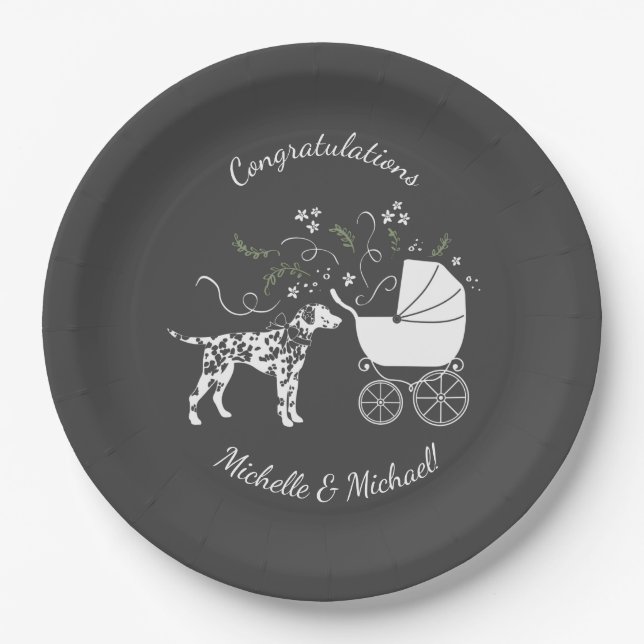 Dalmatian Dog Baby Shower Puppy Grey Paper Plates (Front)