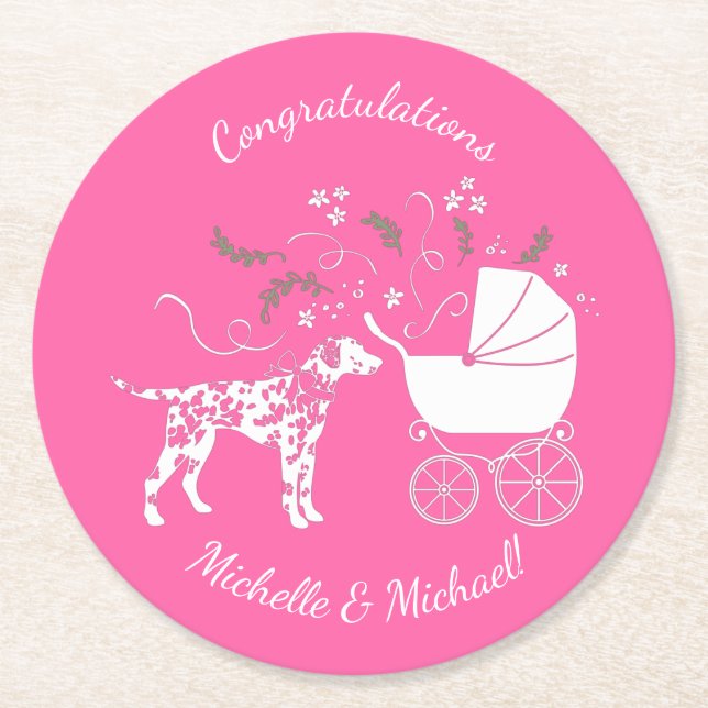 Dalmatian Dog Baby Shower Puppy Pink Girl Round Paper Coaster (Front)
