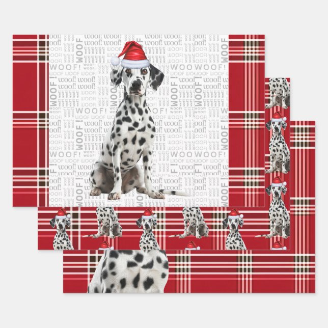 Dalmatian Dog Bold Red Holiday Plaid Christmas Wrapping Paper Sheets (Set)