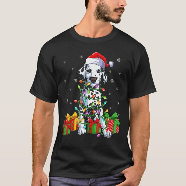 Dalmatian Dog Christmas Lighting Santa Hat Dalmati T-Shirt (Front)
