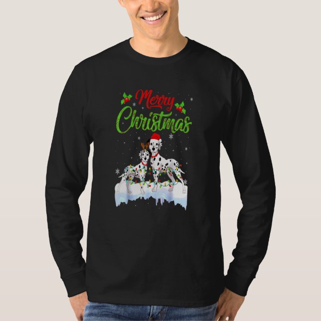 Dalmatian Dog Christmas Lights Santa Hat Xmas Dog T-Shirt (Front)