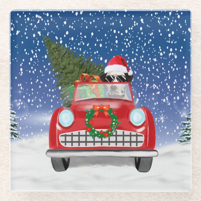 Dalmatian Dog Driving Car In Snow Christmas   Glass Coaster (Front)