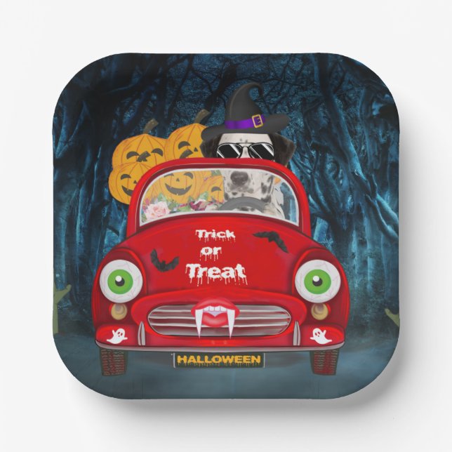 Dalmatian Dog Driving Car Scary Halloween Paper Plates (Front)