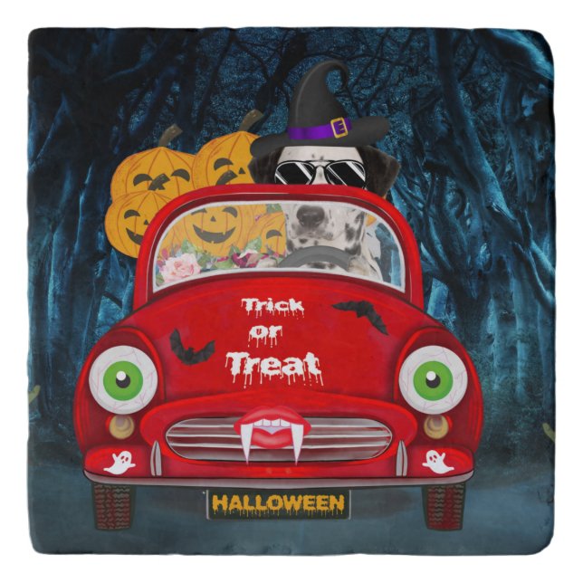 Dalmatian Dog Driving Car Scary Halloween Trivet (Front)