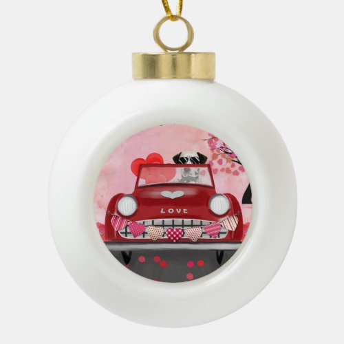 Dalmatian Dog Driving Car with Hearts Valentines  Ceramic Ball Christmas Ornament