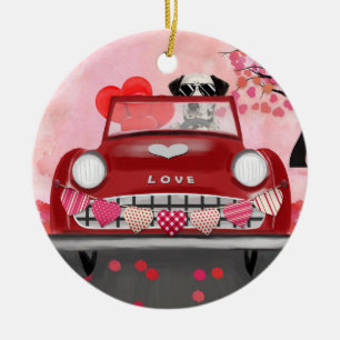 Dalmatian Dog Driving Car with Hearts Valentine's Ceramic Ornament