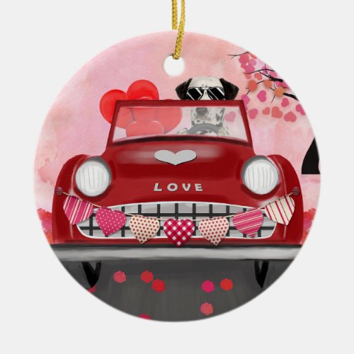 Dalmatian Dog Driving Car with Hearts Valentines  Ceramic Ornament