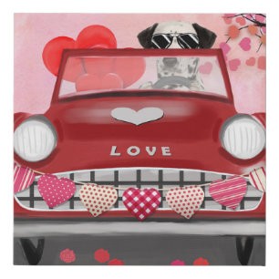 Dalmatian Dog Driving Car with Hearts Valentine's Faux Canvas Print
