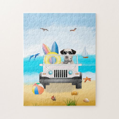 dalmatian Dog Driving on Beach  Jigsaw Puzzle