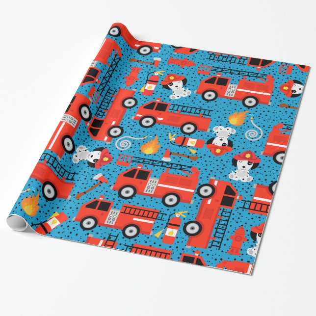 Dalmatian Dog Firefighters With Firetrucks Wrapping Paper (Unrolled)