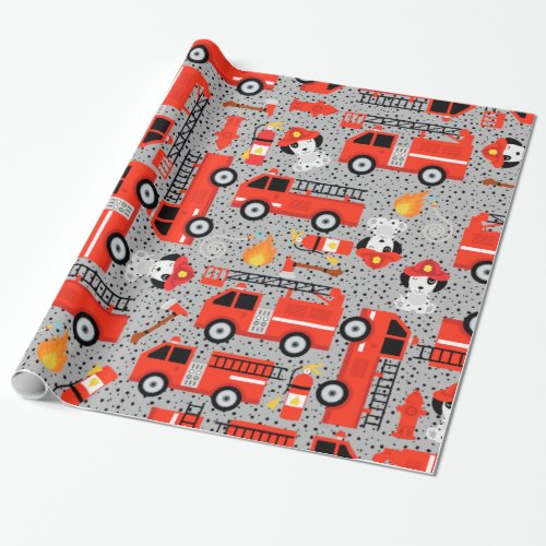 Dalmatian Dog Firefighters With Firetrucks Wrapping Paper