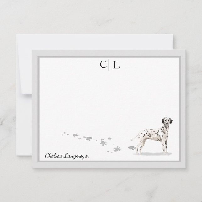 Dalmatian Dog Gray Border Monogram & Your Name Note Card (Front)