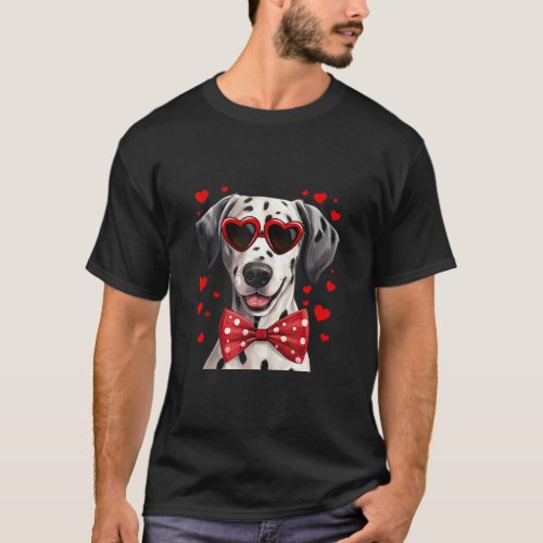 Dalmatian Dog Hearts Sunglasses Red Bow Tie Valent T_Shirt