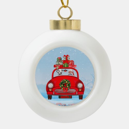 Dalmatian Dog In Car With Santa Claus Ceramic Ball Christmas Ornament