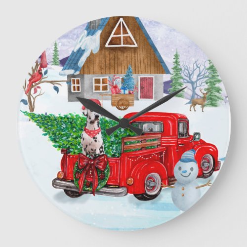 Dalmatian Dog In Christmas Delivery Truck Snow Large Clock