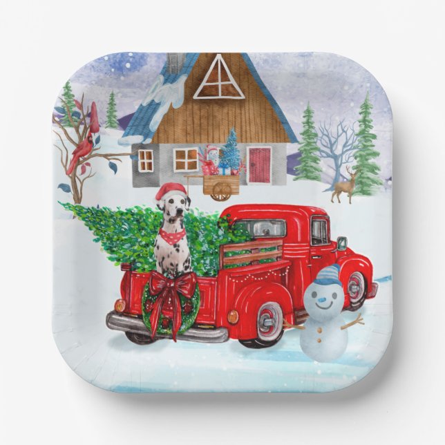 Dalmatian Dog In Christmas Delivery Truck Snow Paper Plates (Front)