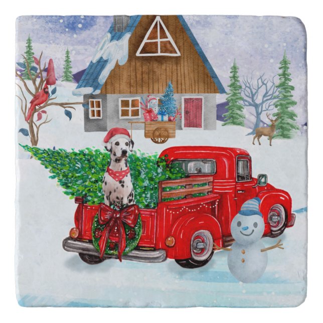 Dalmatian Dog In Christmas Delivery Truck Snow Trivet (Front)