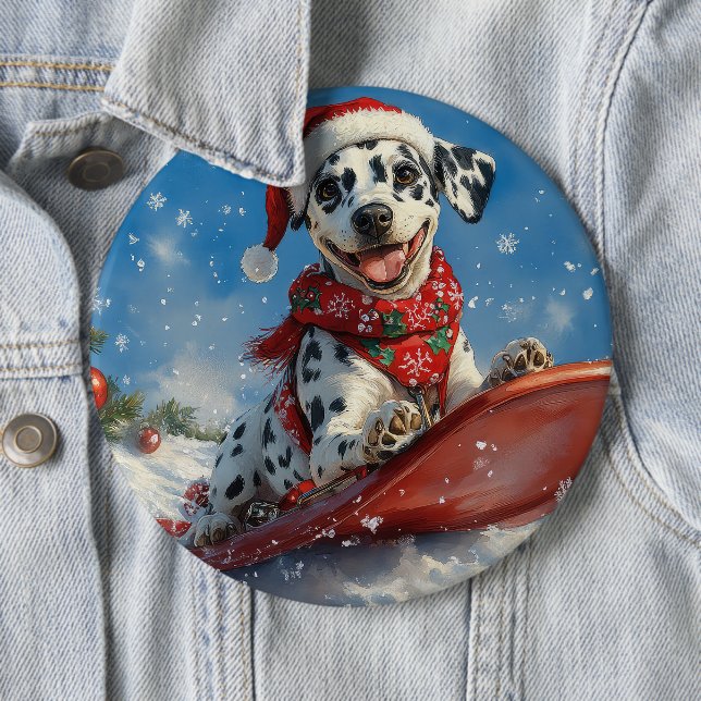 Dalmatian Dog in Sledge Let it Snow Christmas Button (In Situ)